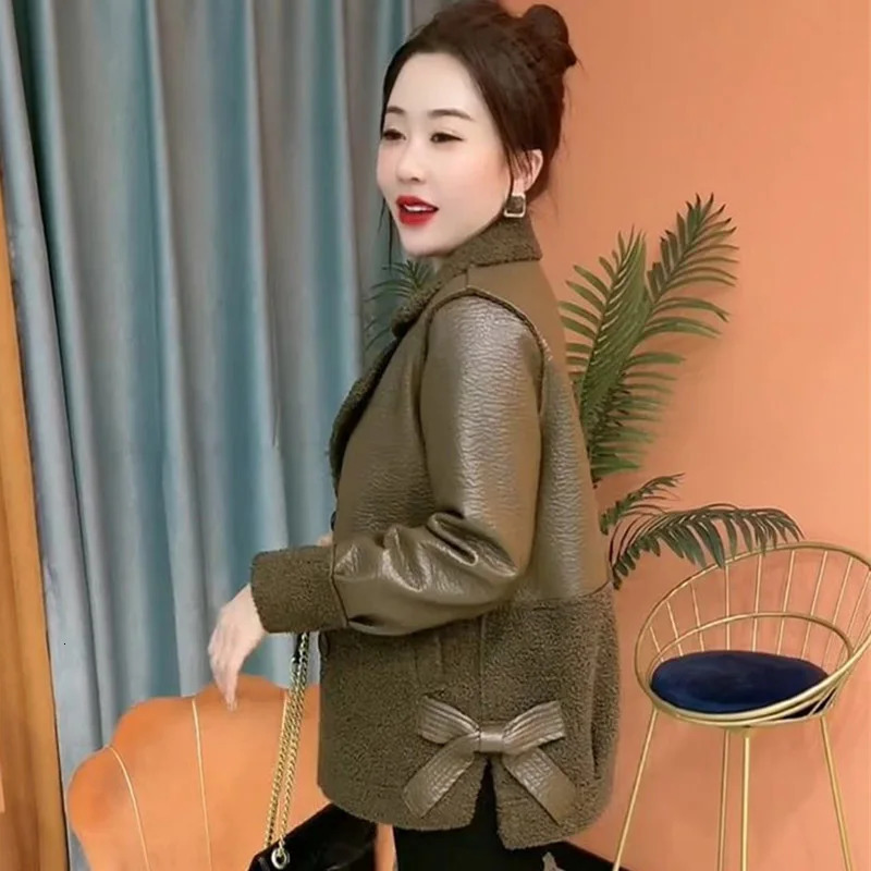 Womens fur one-piece coat winter womens integrated fur and leather jacket womens plus size 5XL bow side coat 241210