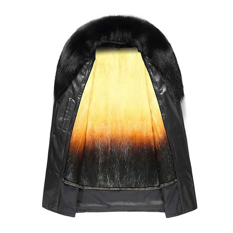 Medium length real leather jacket real mink lined coat winter mens clothing casual silver fox fur collar coat vest W241213