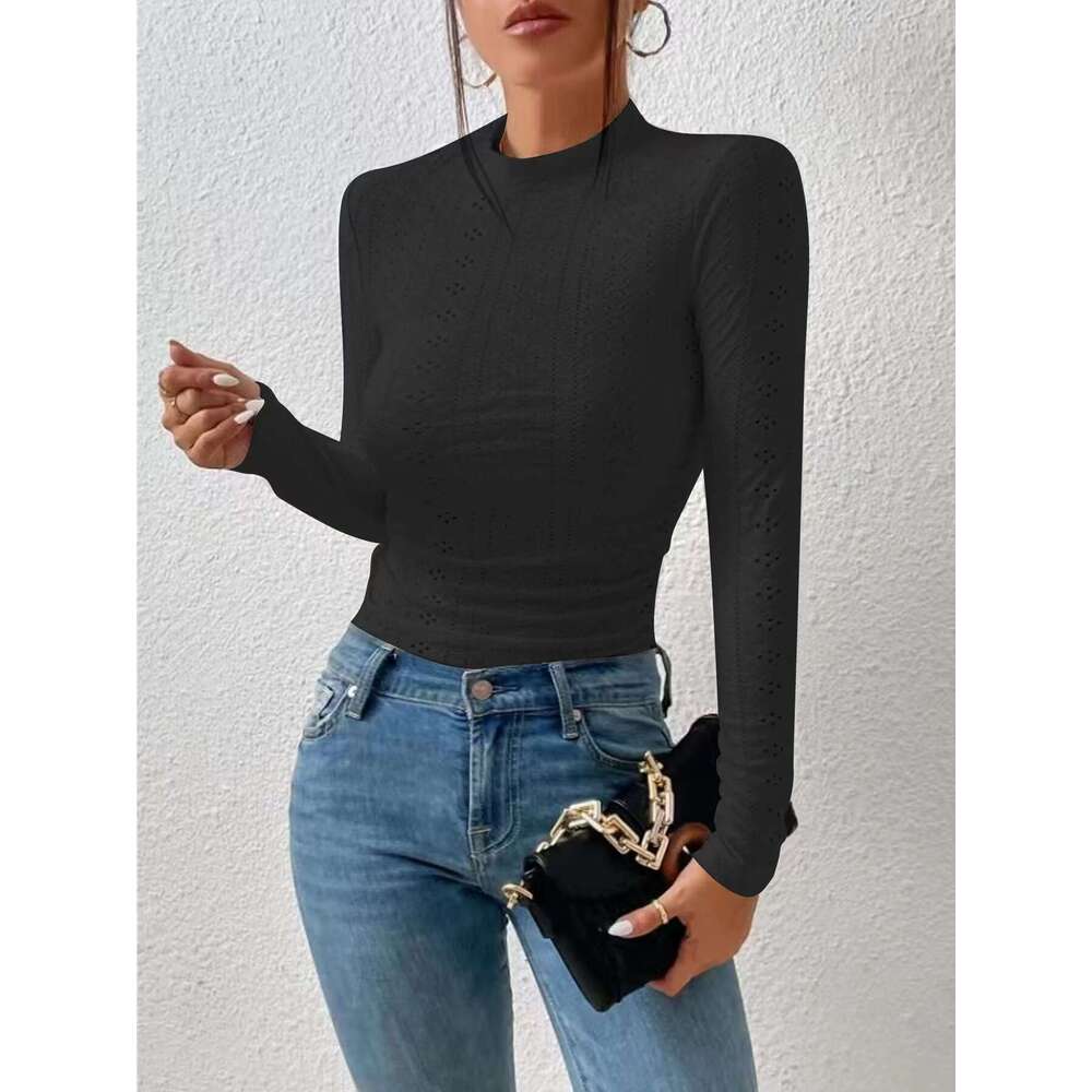 2023 versatile base shirt autumn new half high collar eyelets long sleeved slim fit t-shirt