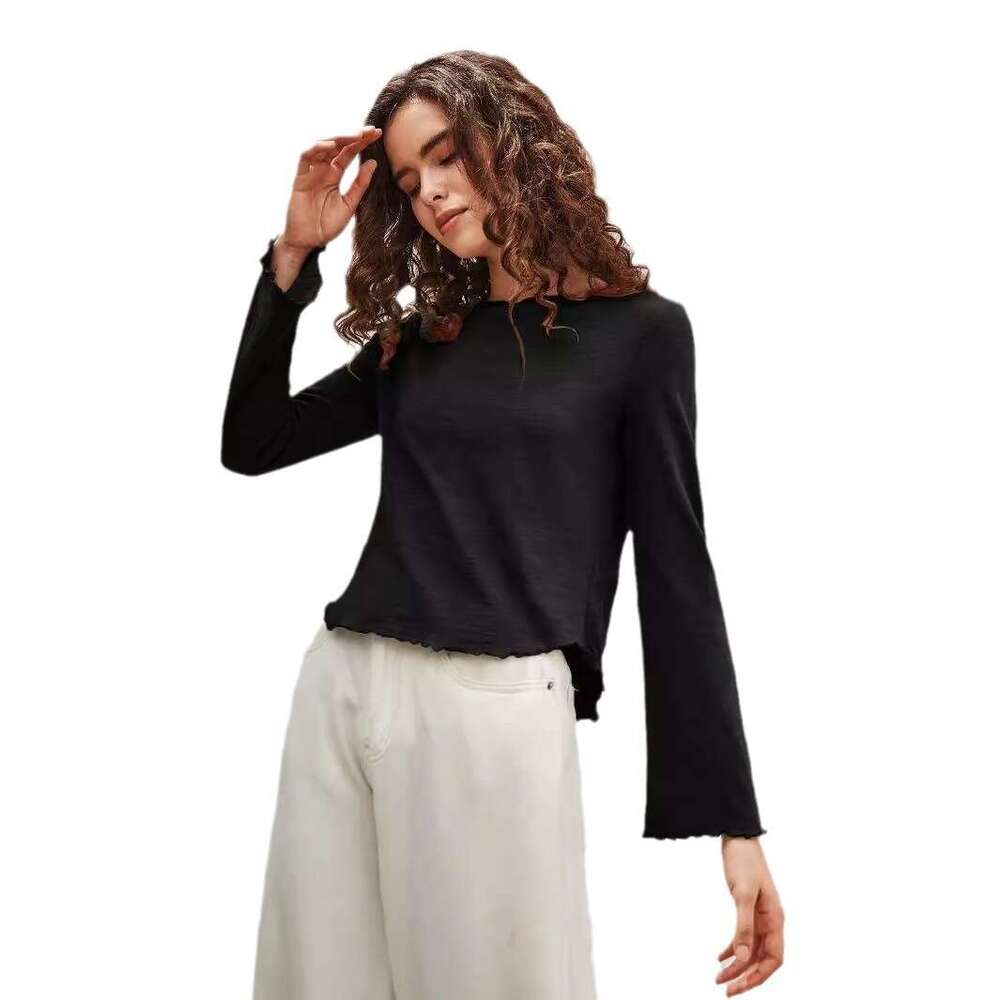 2024 early autumn top with European and American style round neck, black fungus edge flared sleeves, long sleeved knitted base shirt