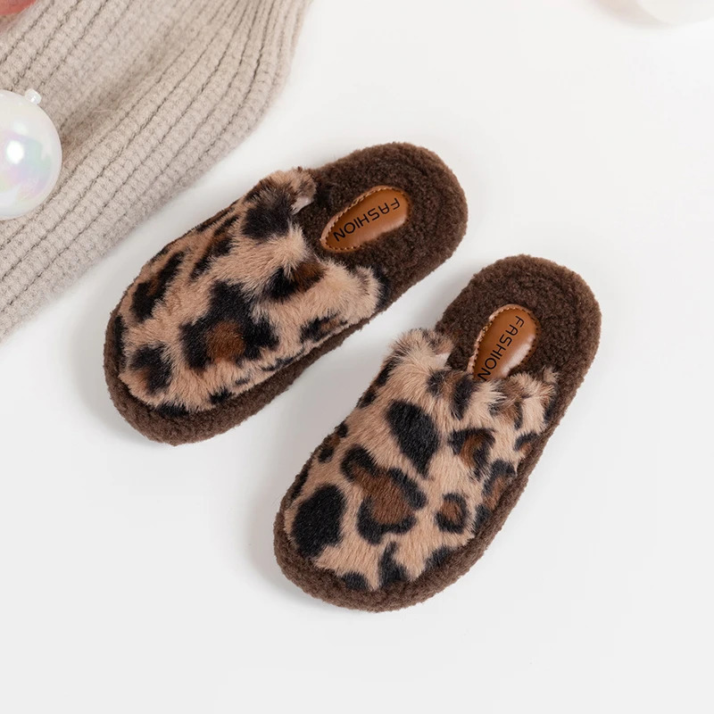 Winter Children Slippers Leopard Home Leisure Cover Toe Kids Sliders Warm Beige Apricot Slip-on Fashion Boys Girls Shoes 26-36 241213