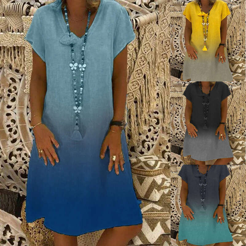 Women's 2021 gradient printed knitted short sleeved V-neck dress 2024 new casual fashion trend clothing