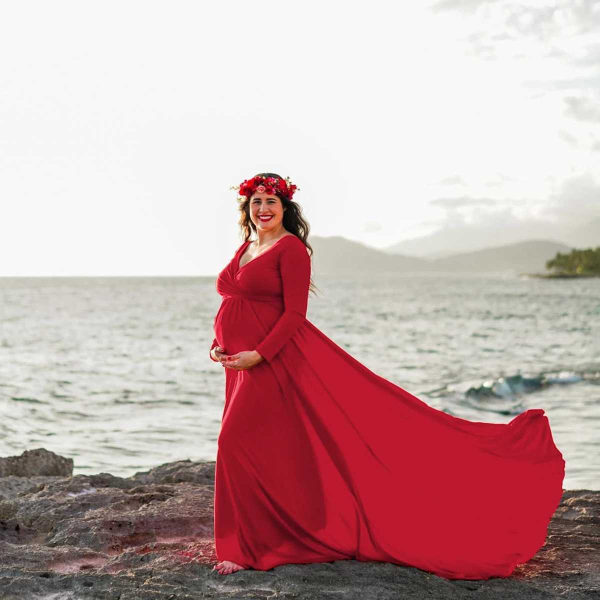 Materni V-neck Gown Long Sleeve Trailing Maxi Dress Elegant Photo Shoot For Pregnant Women PhotographyXJ241213