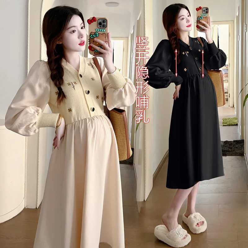 Materni Dresses Autumn Winter Clothes For Pregnant Women Fashion Embroidery Stitching Breastfeeding Dress Pregnancy VestidosXJ241213