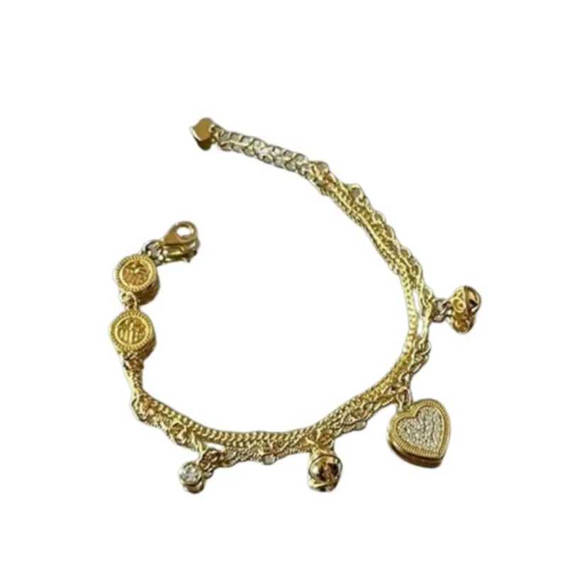 ANENJERY Gold Color Heart Zircon Pendants Bracelet Double Layer Chain Charm Valentines Day Jewelry Gifts For Women rsXJ241214