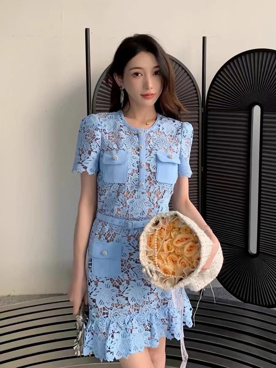 Casual Dresses A-Line Sexy Summer Holiday Party Prom Blue Lace Embroidery Short Dress Women Diamonds Button Mini Vestidos Female Qua