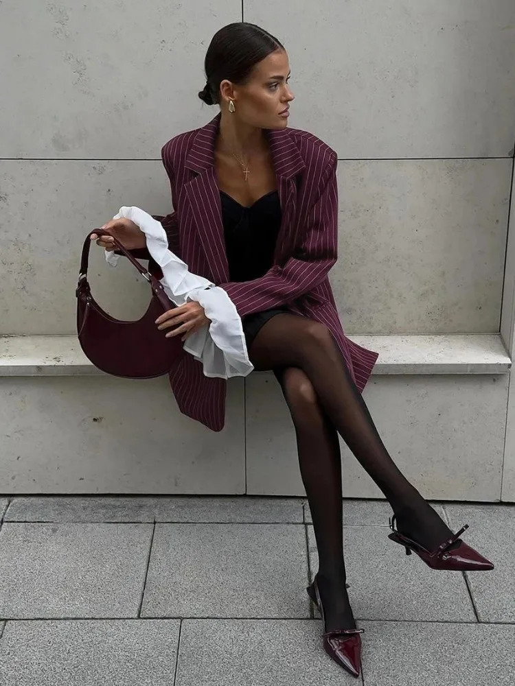 Trendix Loose Fashion Burgundy Blazer Womens Winter Lapel Patchwork Long Sleeve Stripe Jackets Street Casual Eelgant Coats 241209