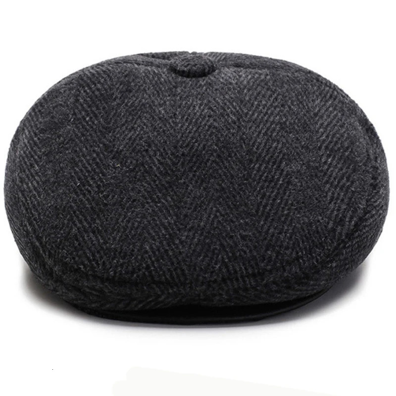 HT2630 Beret Cap Autumn Winter Beret Thick Warm Earflap Cap Men Vintage Wool Felt Hat with Ear Flap Male Flat Cap 241214