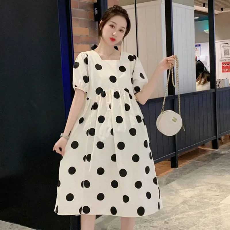 Materni Fashion Summer Dress Outdoors High-end Fresh Dot Skirt Loose-fit Medium-length Summer DressXJ241213