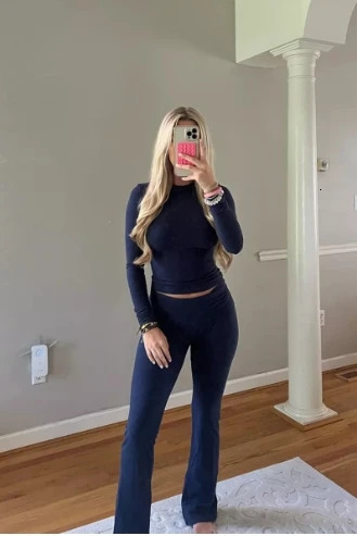 Womens Sexy Girl Suits 2025 Spring Summer Round Neck Long Sleeves TShirt High Waisted Pants Vintage TwoPiece Set 241203