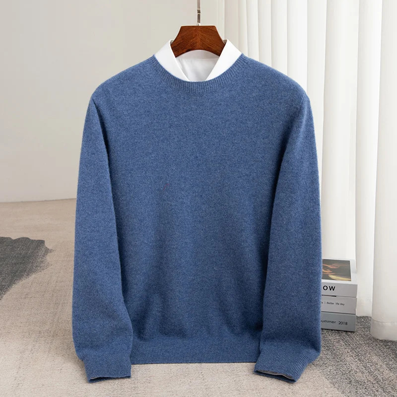Autumn And Winter 100% Pure Wool Mens Thick Round Neck SlimFit Oneck Pullover LongSleeved Knitted Cashmere Sweater 241213