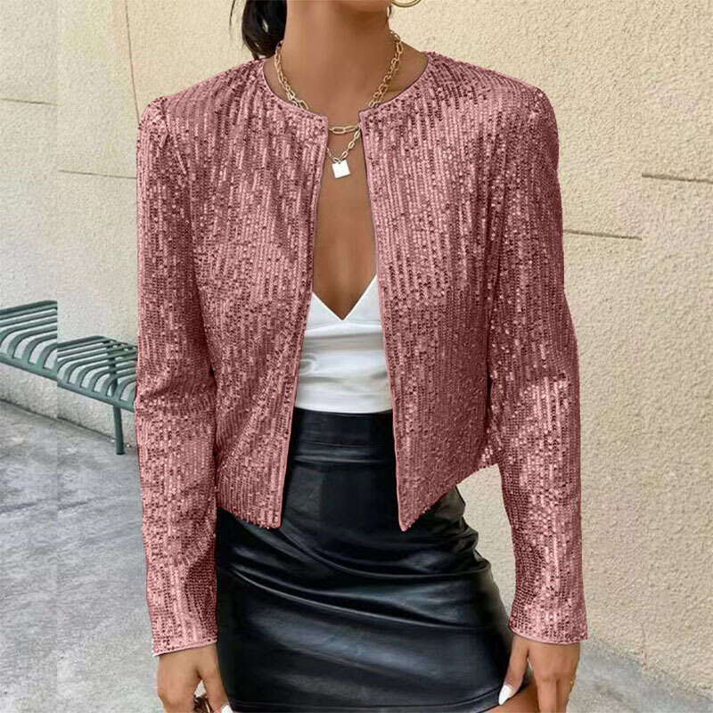 Cross Border Spring New European And American Women's Fashion Stand Up Collar Color Blocked Glitter Short Casual Versatile Small Coat