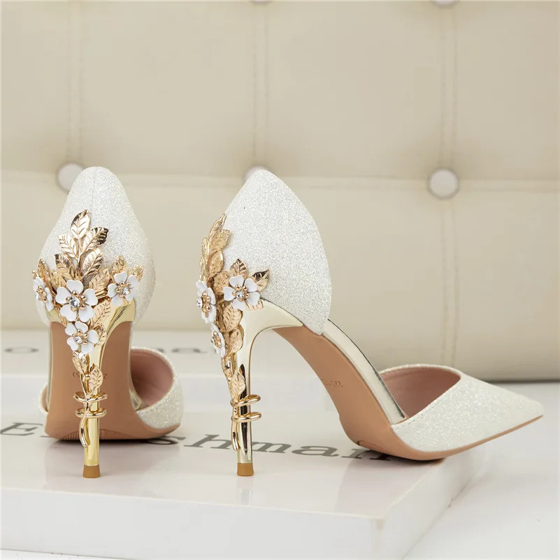 Summer womens 9.5cm high-heeled sandals with glitter and floral metal high heels green pump stripe wedding shoes 241213