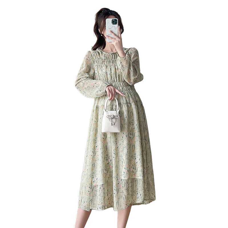 2024 Spring Materni Chiffon Dress Long Lantern Sleeve O-neck Fashion Printed Pregnant Woman Floral Dress Pregnancy Beach DressXJ241213