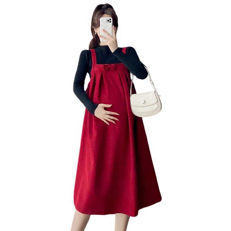2025 New Year Materni Dress Red Strap Dress with Bow Plus Size Pregnant Woman Par Dress Sleeveless Pregnancy A-line DressesXJ241213