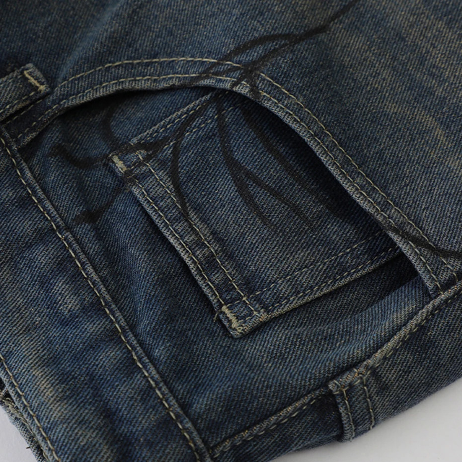 Y2K Blue Denim Shorts Spider Cobweb Printed Summer Loose Casual Jeans Fashion Harajuku Hip Hop Street Mens 241211