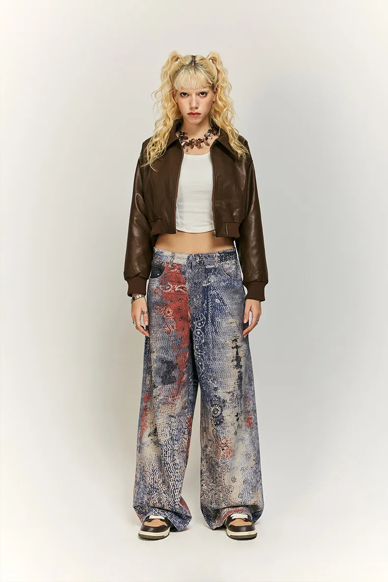 High Street Cashew Flower Digital Printed Denim Cargo Jeans Baggy Vintage Y2k Jeans 241213