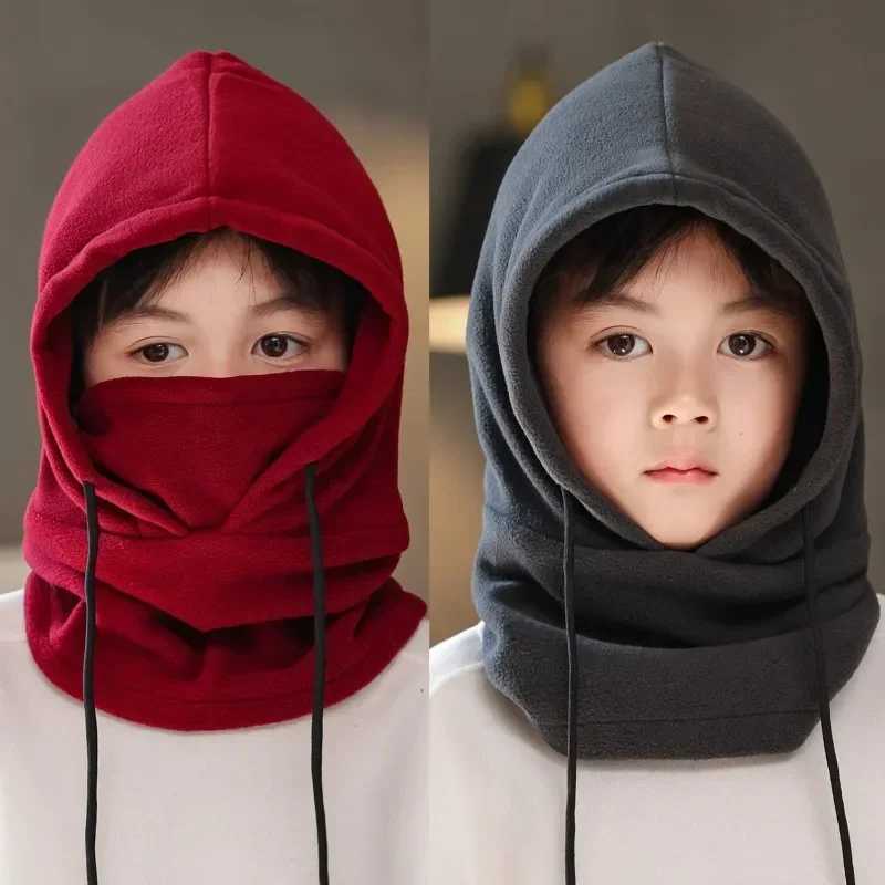 Winter wool childrens Balaclava hat outdoor windproof bicycle hat suitable for children boys and girls solid color thick warm hooded bean scarf W24121