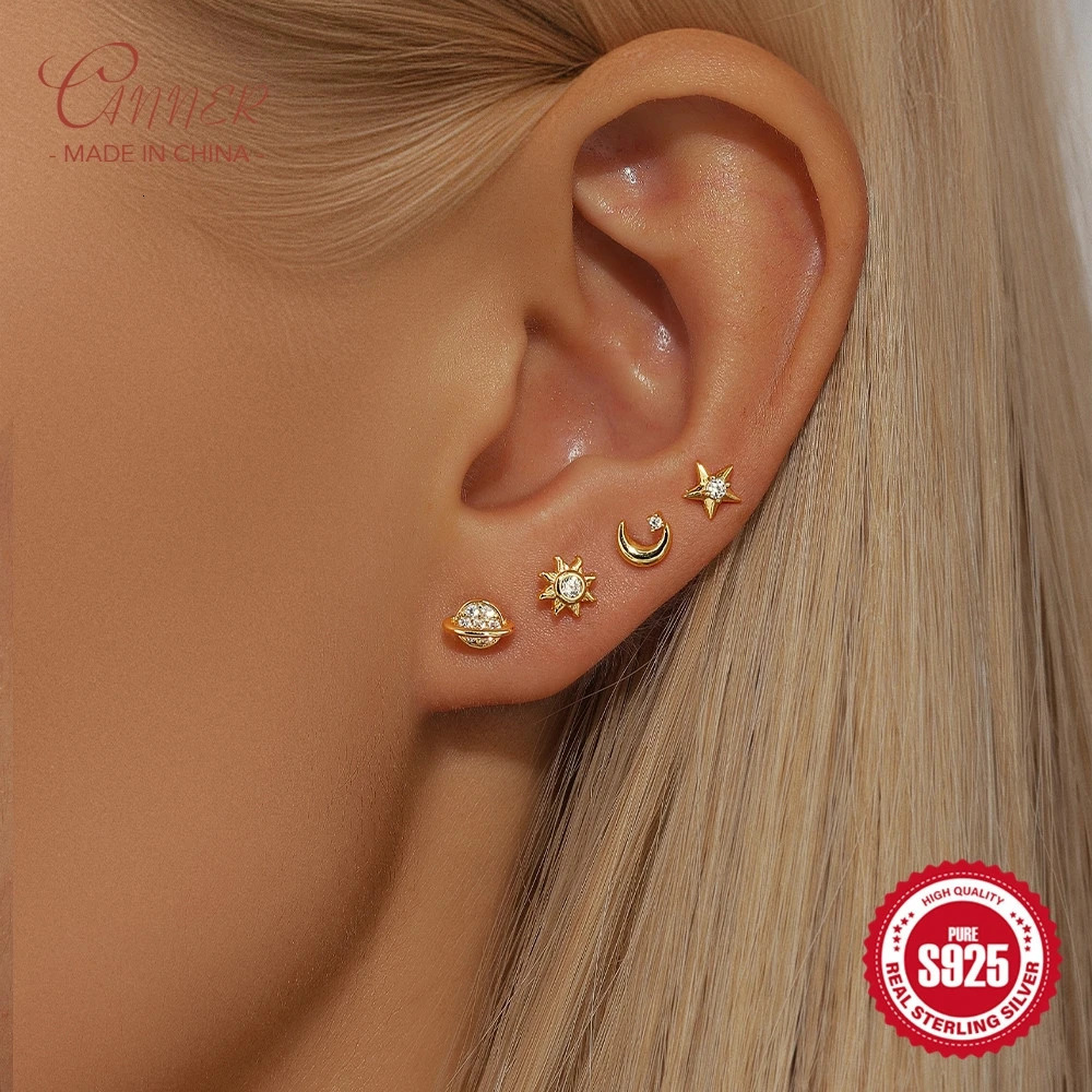 CANNER 3/4pcs/set 925 Sterling Silver Clear Zircon Simple Star Moon Flower Stud Earrings for Women Jewelry Gifts Pendientes 241214
