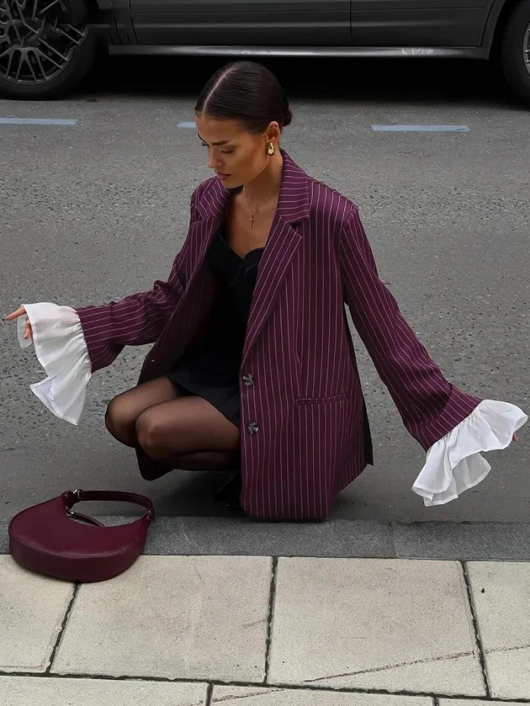 Trendix Loose Fashion Burgundy Blazer Womens Winter Lapel Patchwork Long Sleeve Stripe Jackets Street Casual Eelgant Coats 241209
