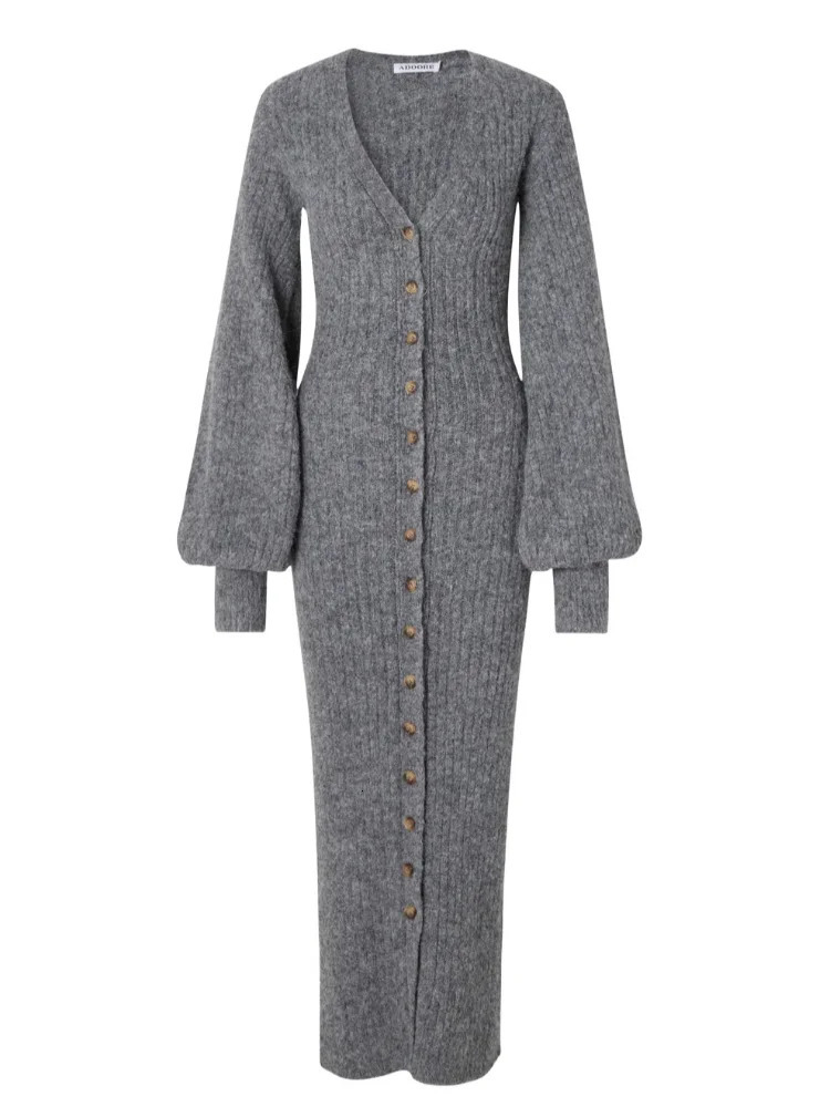 Chic Women Grey Single Breasted Knitted Cardigan Elegant V Neck Lantern Sleeves Slim Long Sweater Autumn Winter Lady Street Wear 241214