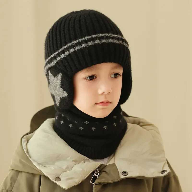 New Children Unisex Add Fur Lined Winter Knitted Hat with Earflap Fashion Beanie Hats for Kids Outdoor Classic Keep Warm Cap W241213