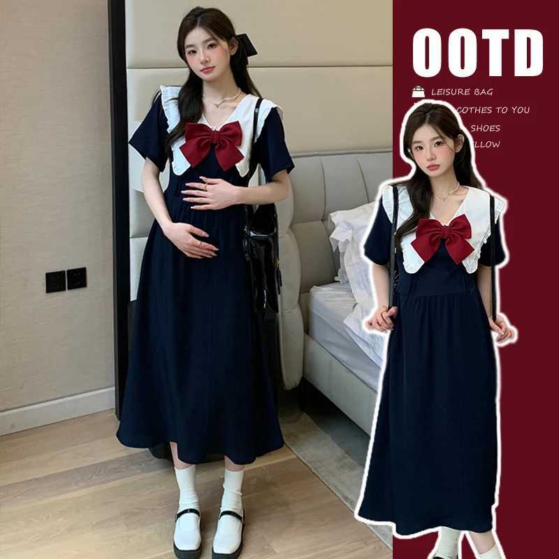 Summer Preppy Sle Bowknot Sailor Collar Materni A-line Dress Fashion Long Loose Pregnant Woman Preppy Sle Dress WholesaleXJ241213