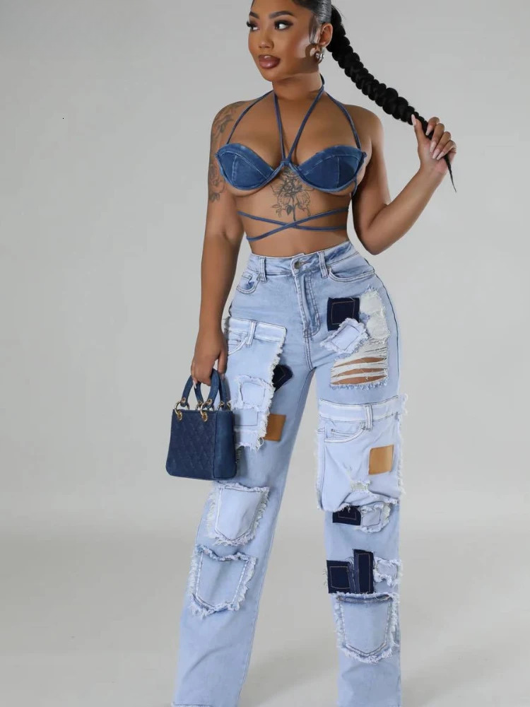 Women Streetwear Cargo Straight Denim Pocket Patchwork Wide Leg Jeans Pants Fall Fashion Ripped Out Party Trousers