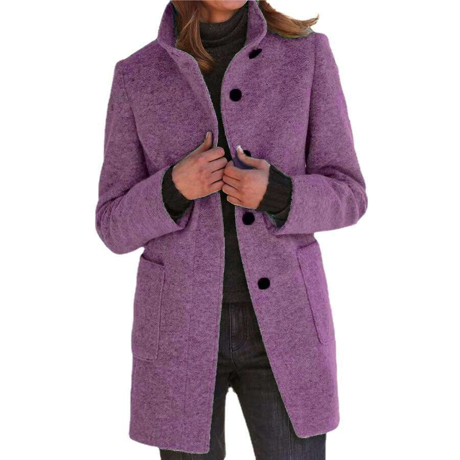 Autumn Winter New For Women, Cross-Border European And American Stand Up Collar, Retro Solid Color, Women's Woolen Coat With Ing, Fashionable Qua