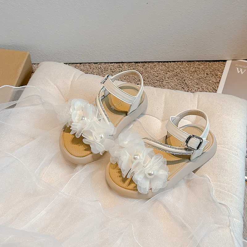 Sandals Childrens Girls Sandals with Tulle Flowers 2024 Chic Princess Shoes for Party Wedding Shows Pearls Open-toe Kids Fashion H05135 H241213