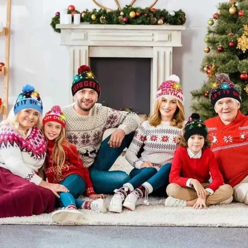 LED Christmas Hat X-mas Flash Light Up Knitted Hat Warm Winter Cap Christmas Gift for Kids/Adults Xmas New Year Feative Hats W241213