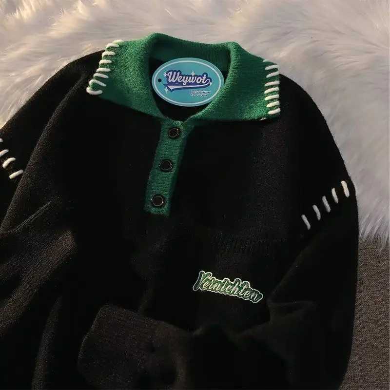 American Hip Hop Street Mens and Womens Fashion Polo Sweater Academy Style Autumn and Winter Loose Retro Knitted Harajuku Top M241214