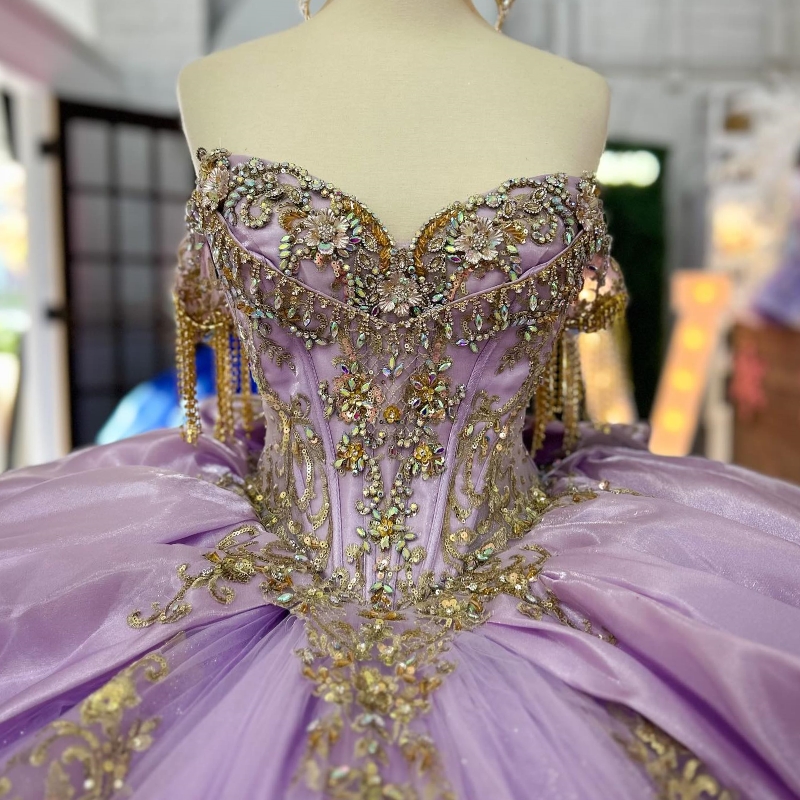 Lavender Off The Shoulder Gold Applique Lace Beads Ball Gown Quinceanera Dresses Corset Vestidos De 15 Anos Sweet 16 Dress