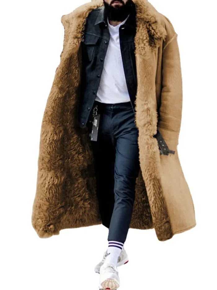 Mens autumn and winter coat faux fur leather jacket solid color long sleeved button collar warm casual fashionable comfortable regular W241213