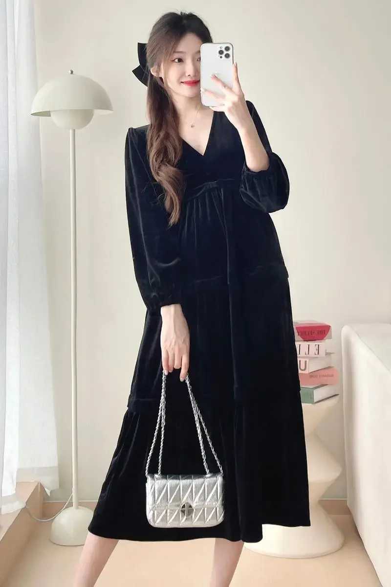 2024 Autumn Materni Velour Dress Black Office Lady Elegant Clothes Long Sleeve V-neck High Waist Pregnant Woman Brief DressesXJ241213