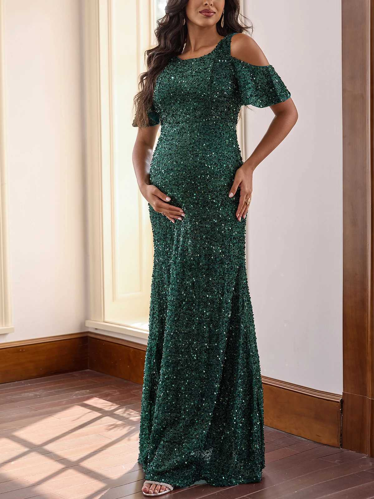 ItsRoya Solid Sequin Mermaid Materni Dress Ruffle Sleeves Pregnant Women Evening Gowns Slim Elegant Photography Props DressesXJ241213