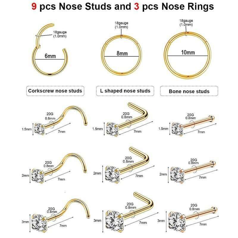 LALAVARA Fashion Nose Studs Nose Rings 12-Piece 30-Piece 24-Piece Set Stainless Steel Ear Studs Piercing Jewelry Nose Accessories