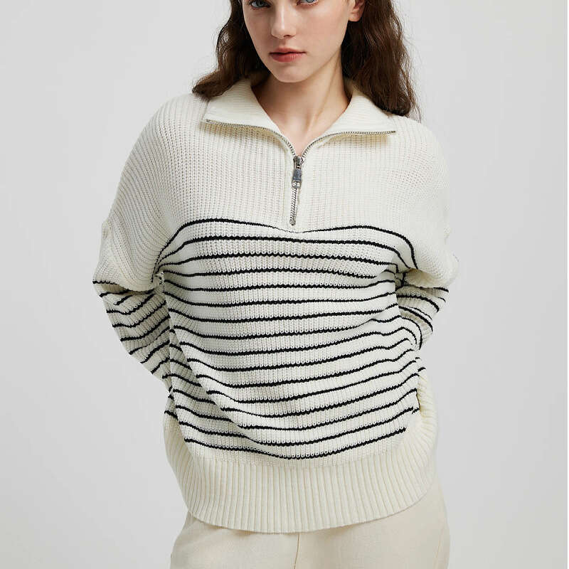 European American autumn and winter new women's clothing high neck striped color blocked long sleeved zipper pullover knitted sweater for women