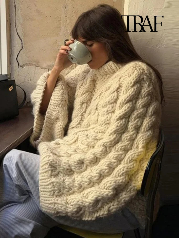 TRAF Womens Fashion Oversized Solid Color Knitted Sweater Casual Slow Pull Flower Autumn and Winter Loose Long Sleeve Top 241211