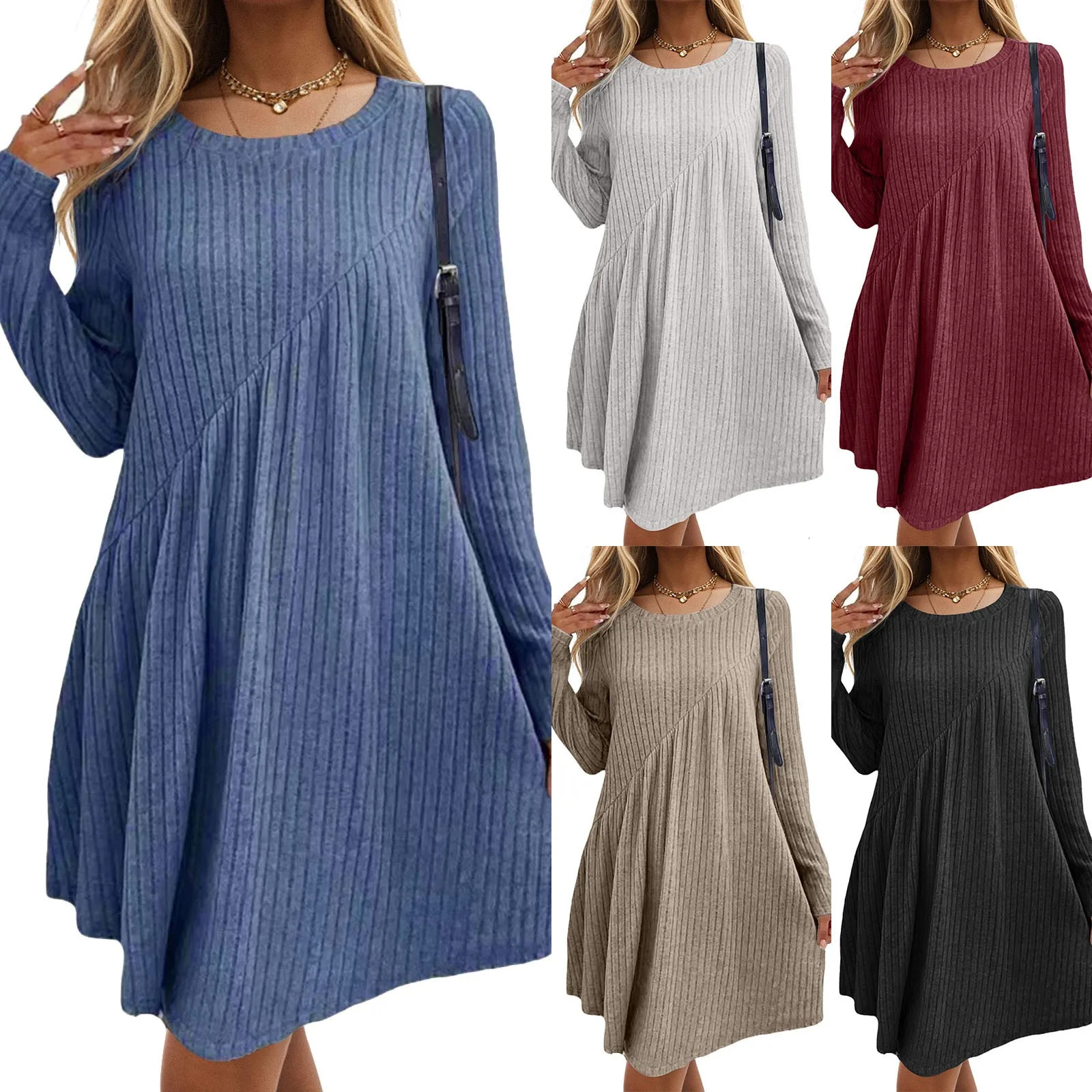 Womens autumn sweater dress streetwear staff neckline long sleeves winter knit Midi 2024 asymmetric tension short sleeved 241212