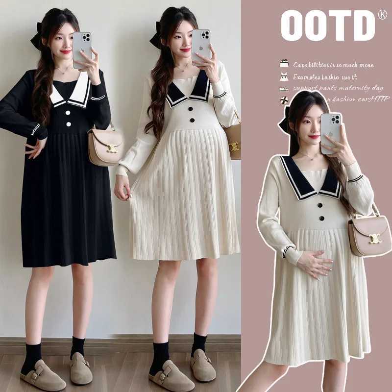 Fashion Materni Dress Autumn Winter Sailor Collar Clothes for Pregnant Women Elegance Pregnancy Loose Slimming Knitting DressXJ241213
