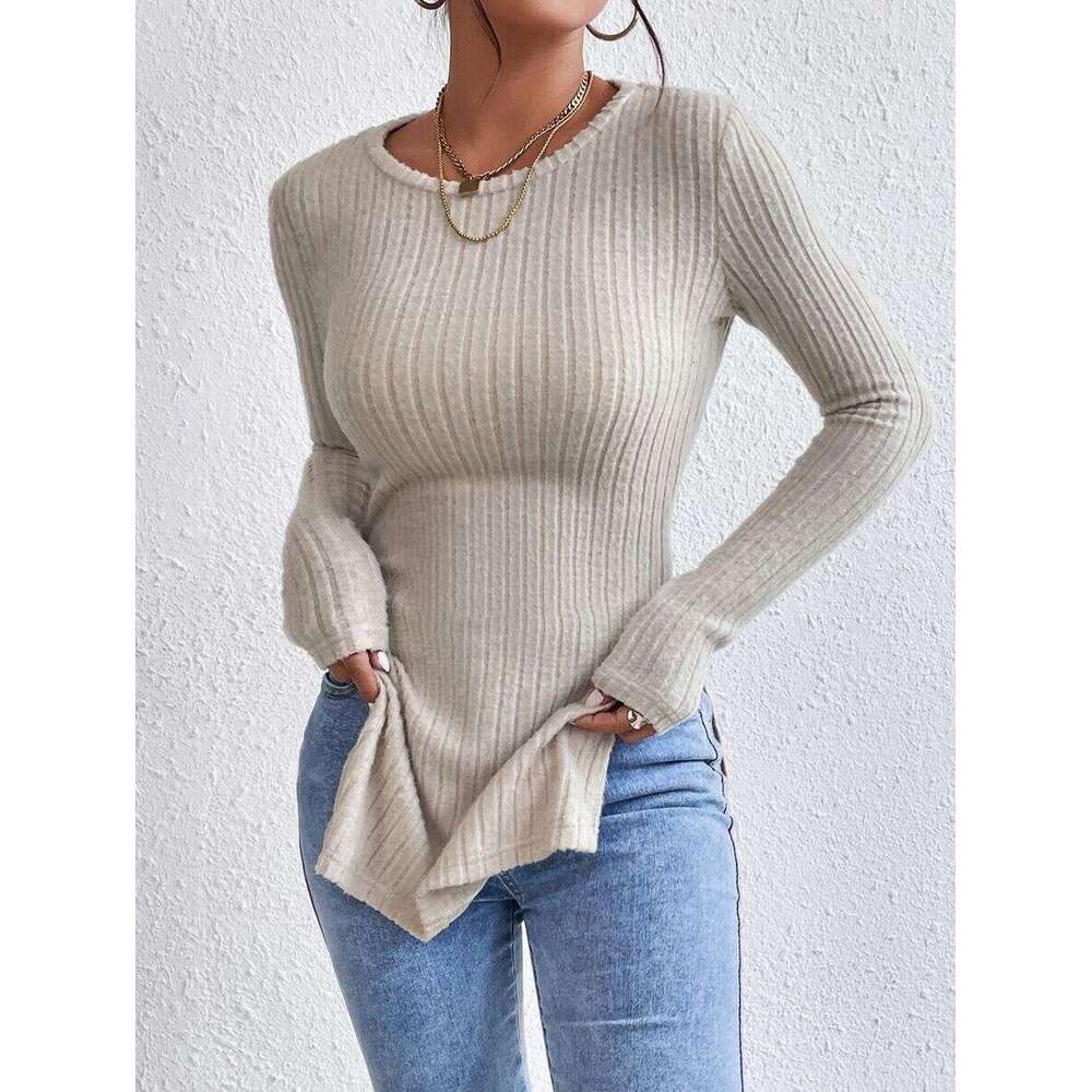 2023 autumn new hem double slit base slim fit pit stripe fleece T-shirt for women
