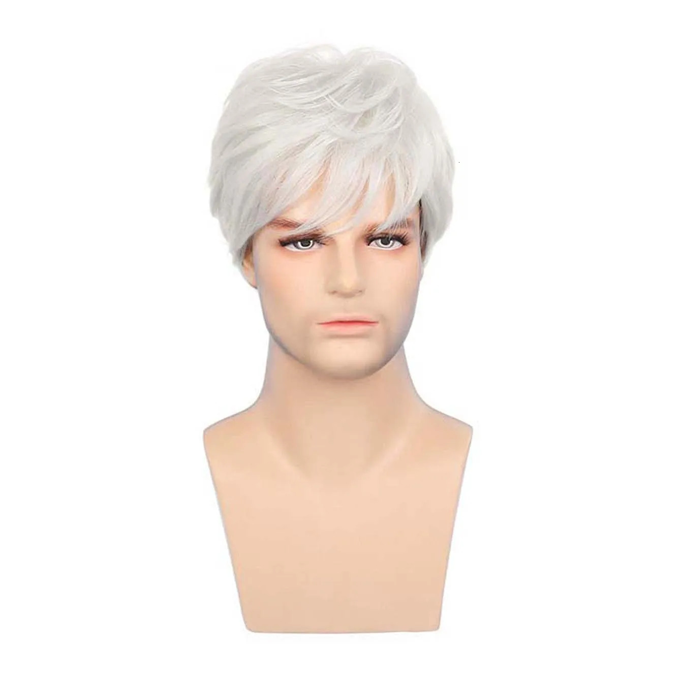 White Wigs for Men Synthetic Hair Short Wig with Bangs Hairstyles Curly Wig For Man Costume Carnival Party 241213