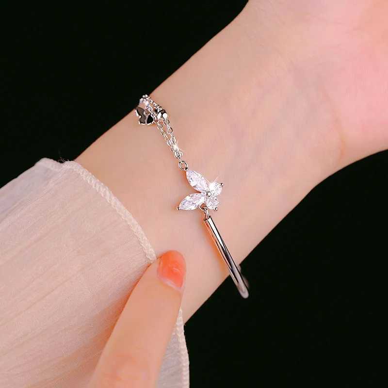 Butterfly Shiny Zircon Silver Color Bangle Light Luxury Multi-layer Chain Bracelet For Women Fashion Hand Accories JewelryXJ241214