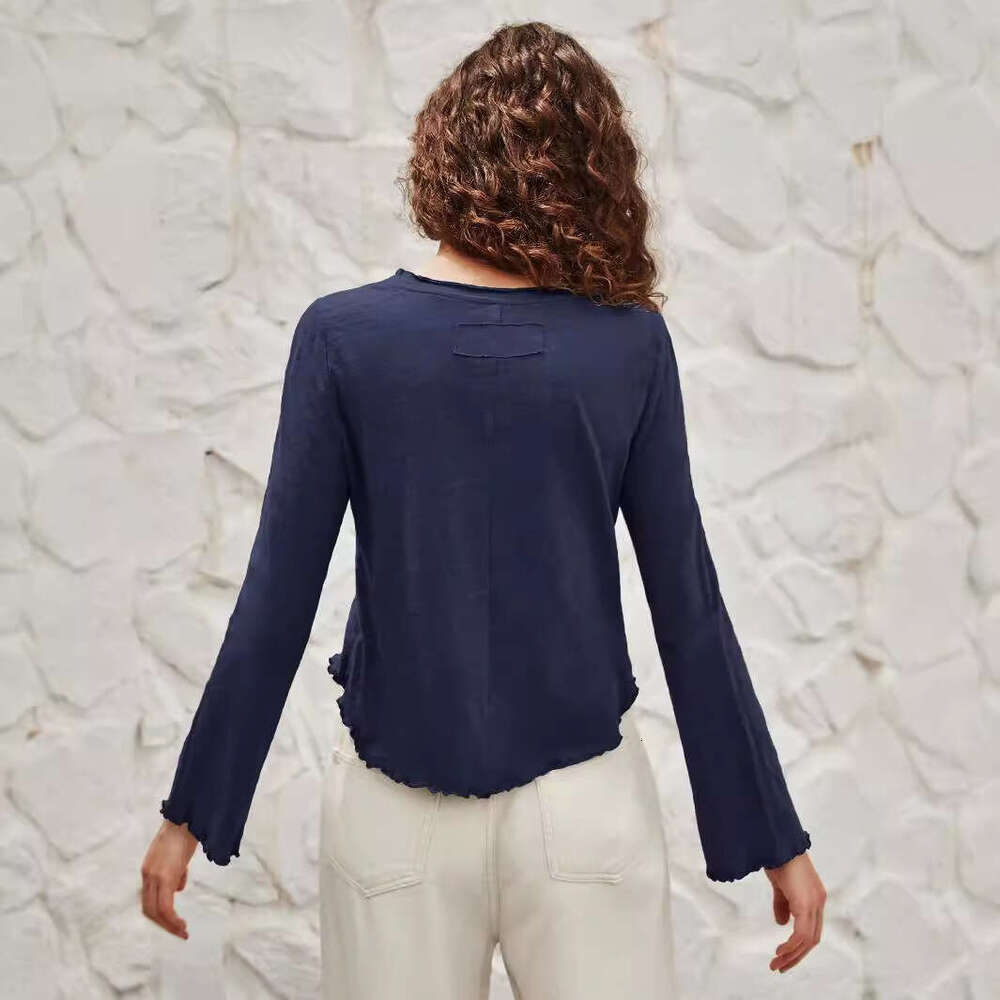 2024 early autumn top with European and American style round neck, black fungus edge flared sleeves, long sleeved knitted base shirt