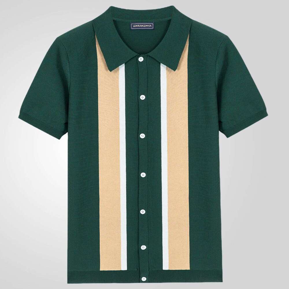 New Men's Collar Contrasting Color T-Shirt For European And American Foreign Trade, Single Breasted Cardigan, Knitted Short Sleeved Polo Shirt