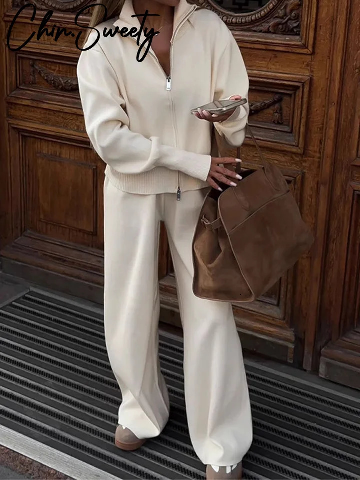 Casual Knitted Jacket Pants Set Solid Stand Collar Zippers Coat Wide Leg Pleated Trousers 2024 Autumn Lady Street Outfit 241203