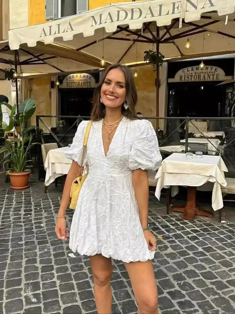 Ladies Solid Embroidered Short Style Elegant Summer Dresses Women White Casual Streetwear Mini Dress Female Robes Femme Vestidos 241213