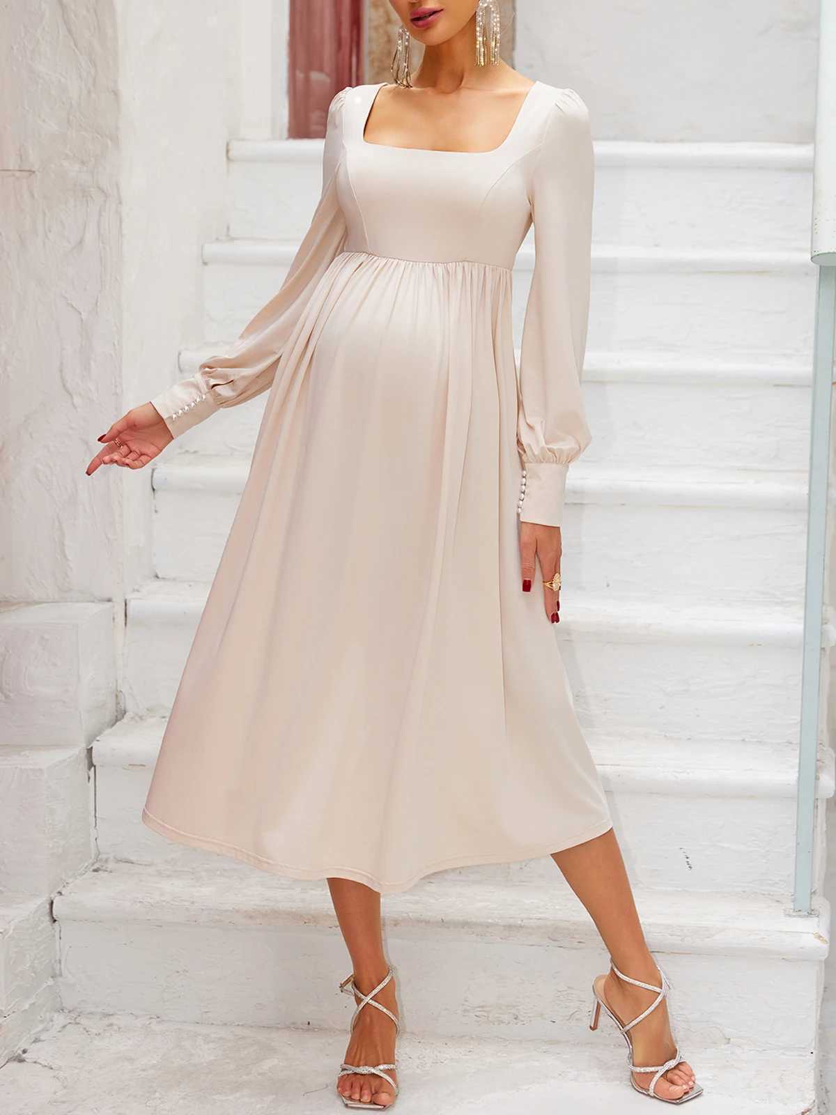 ItsRoya Solid Square Neck Pearl Long Sleeves Materni Dress Ruched Women Photography Props Dresses Casual Pregnant DressesXJ241213