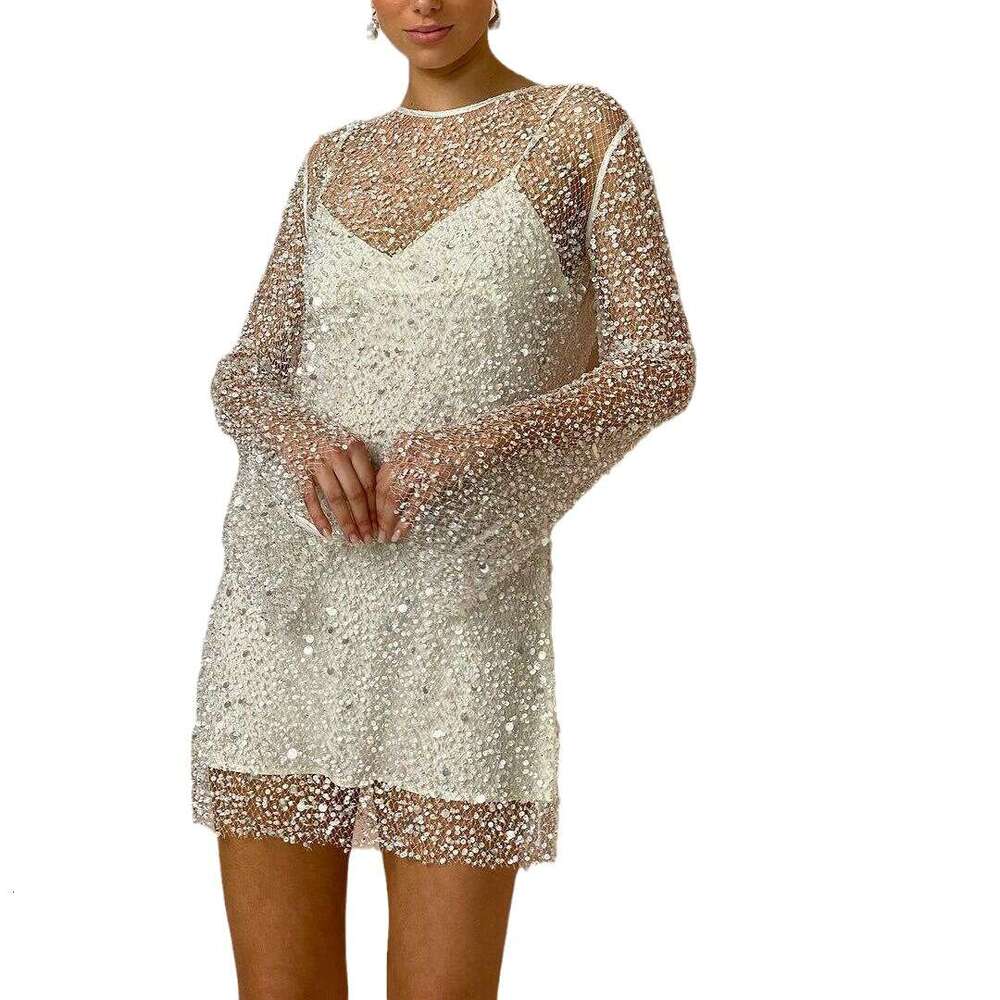 Women's Size Bubble Bead See Through Mesh Two-Piece Set With Suspender Dress